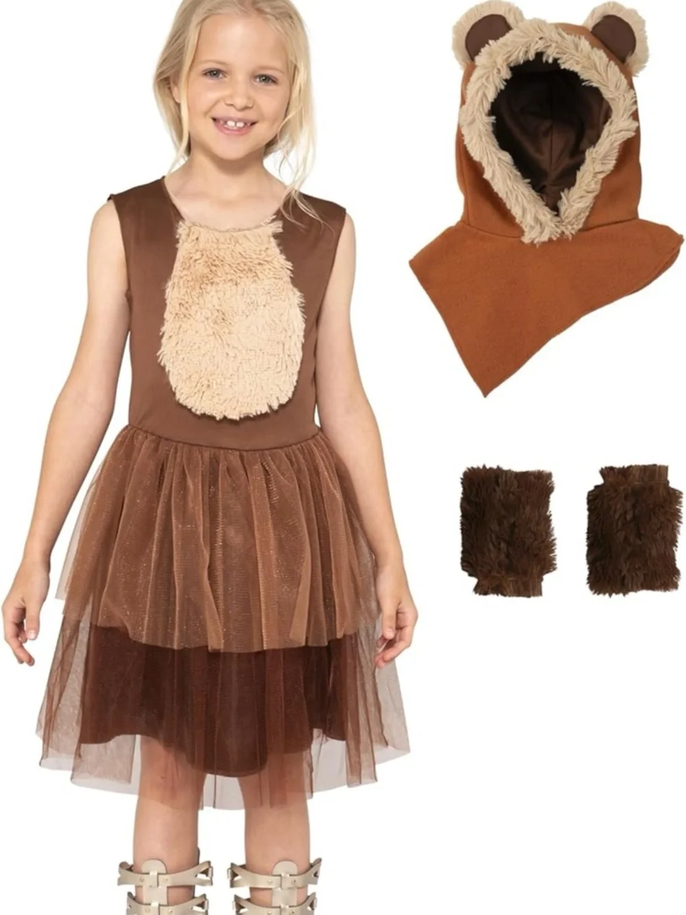Star Wars Brown Ewok Tutu Dress Costume with Hood and Cuffs - Picture 3 of 3